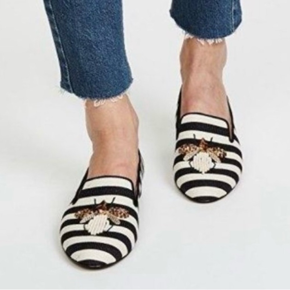 Sam Edelman Jill Flat Black Off White Striped Textile Flats with Beaded Bee